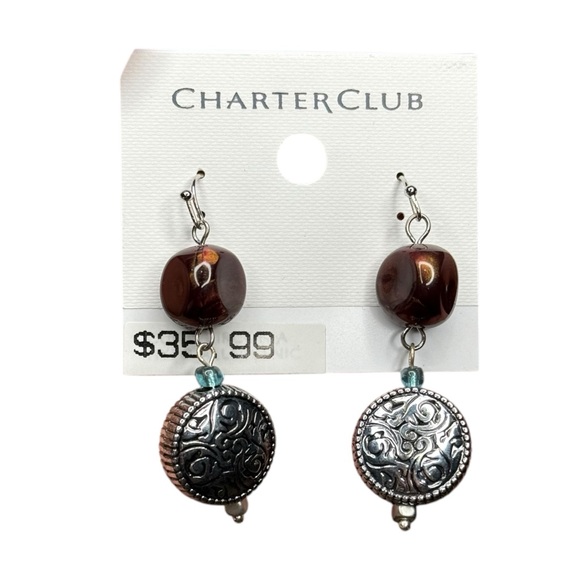 J12. CHARTER CLUB - Silver Disc Brown Blue Beaded Dangle Hook Earrings NEW - Picture 1 of 2